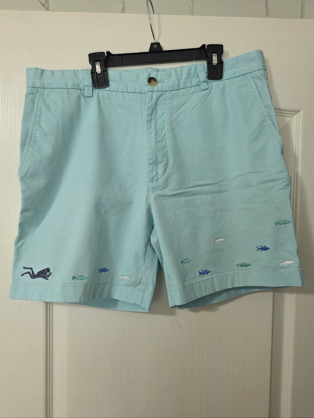 Vineyard Vines Light Aqua Cotton Embroidered Fish Shorts